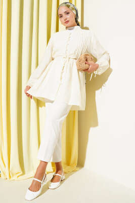 Önü Pileli Düğmeli Gömlek Sarı - Thumbnail