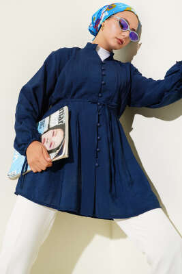 Önü Pileli Düğmeli Gömlek Lacivert - Thumbnail