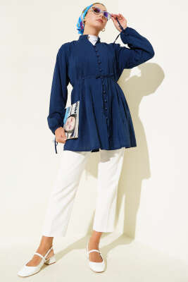 Önü Pileli Düğmeli Gömlek Lacivert - Thumbnail