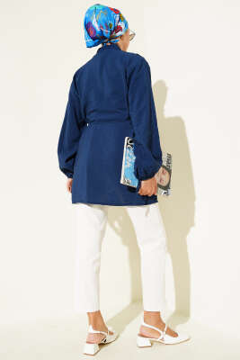 Önü Pileli Düğmeli Gömlek Lacivert - Thumbnail