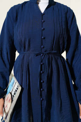 Önü Pileli Düğmeli Gömlek Lacivert - Thumbnail