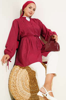 Önü Pileli Düğmeli Gömlek Bordo - Thumbnail