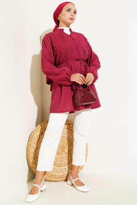 Önü Pileli Düğmeli Gömlek Bordo - Thumbnail