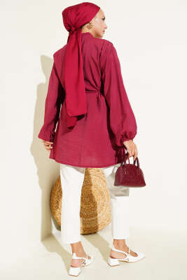 Önü Pileli Düğmeli Gömlek Bordo - Thumbnail