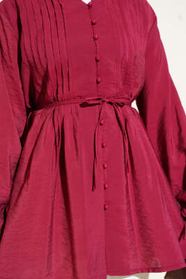 Önü Pileli Düğmeli Gömlek Bordo - Thumbnail