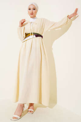 Pazarium - V Yaka Bağcıklı Elbise Bej