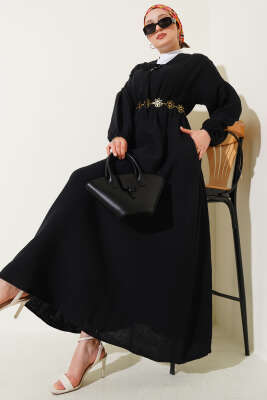 Pazarium - V Yaka Bağcıklı Elbise Siyah