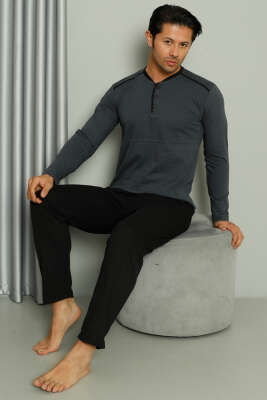 Şerit Detaylı Uzun Kol Erkek Pijama Takım Füme - Thumbnail