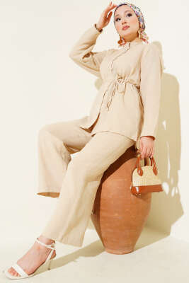 Pazarium - Brit Düğme Kaplamalı İkili Takım Bej