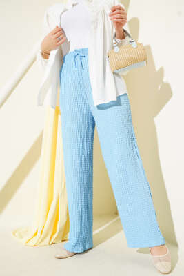 Pazarium - Bel İpli Kabartmalı Pantolon Mavi