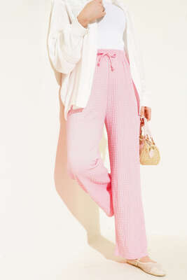 Pazarium - Bel İpli Kabartmalı Pantolon Pembe
