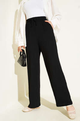 Pazarium - Bel İpli Kabartmalı Pantolon Siyah