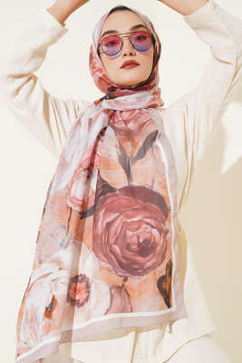 Pazarium - Gül Şerit Geçişli Şal Açık Vizon