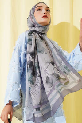 Pazarium - Çiçekli Şerit Geçiş Detaylı Şal Kayrak Grisi