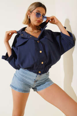 Pazarium - Cep Kapaklı Kol Britli Ceket Lacivert