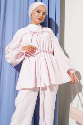 Önü Ve Kolu Bağcıklı İkili Takım Pembe - Thumbnail