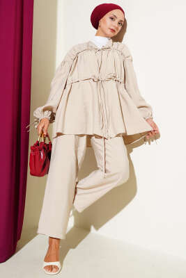 Pazarium - Önü Ve Kolu Bağcıklı İkili Takım Bej