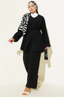 Pazarium - V Yaka İp Kuşaklı İkili Takım Siyah