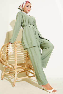 Pazarium - V Yaka İp Kuşaklı İkili Takım Çağla Yeşili
