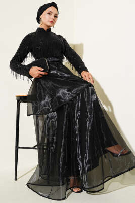 Pazarium - Pul Payetli Püsküllü Abiye Elbise Siyah