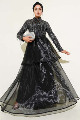 Pazarium - Pul Payetli Püsküllü Abiye Elbise Siyah Gümüş