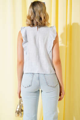 Omuz Fırfırlı Bluz Mavi - Thumbnail