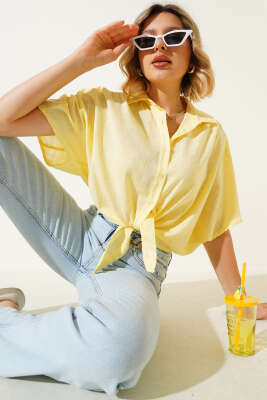 Pazarium - Ön Bağlamalı Lastikli Gömlek Sarı