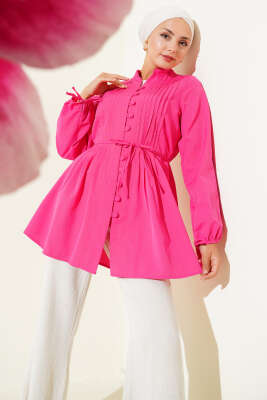 Pazarium - Brit Düğmeli Nervürlü Tunik Pers Gülü