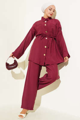 Pazarium - Bel Büzgülü Cepli İkili Takım Bordo
