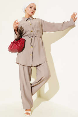 Pazarium - Bel Büzgülü Cepli İkili Takım Vizon