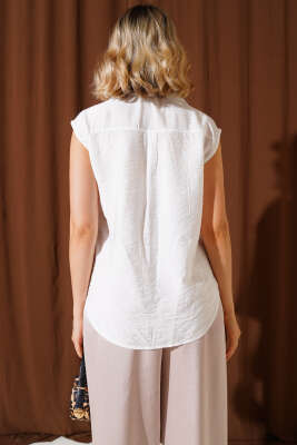 Kolsuz Çift Göğüs Cepli Gömlek Beyaz - Thumbnail