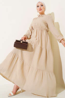 Pazarium - Beli Lastikli Kat Elbise Bej