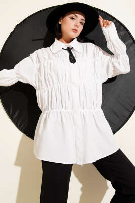 Pazarium - Yaka Büzgülü Gizli Düğmeli Gömlek Beyaz