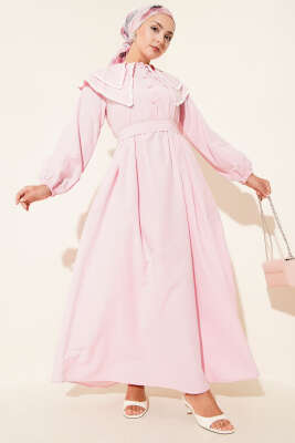 Pazarium - Bebe Yaka Yarım Düğmeli Elbise Pembe