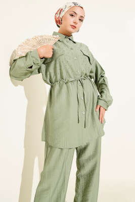 Serpme Taş Detaylı İkili Takım Çağla Yeşili - Thumbnail