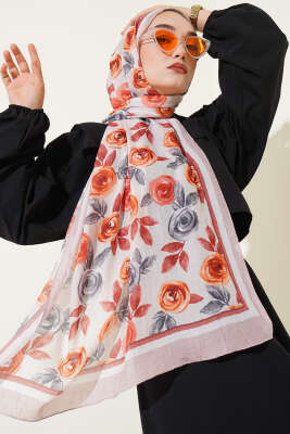 Pazarium - Floral Desenli Bambu Kraş Şal Latte