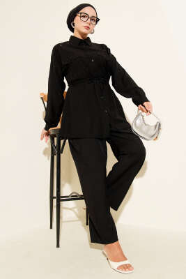 Pazarium - Serpme Taş Detaylı İkili Takım Siyah