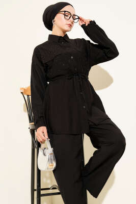 Serpme Taş Detaylı İkili Takım Siyah - Thumbnail