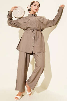 Serpme Taş Detaylı İkili Takım Vizon - Thumbnail