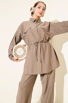 Serpme Taş Detaylı İkili Takım Vizon - Thumbnail