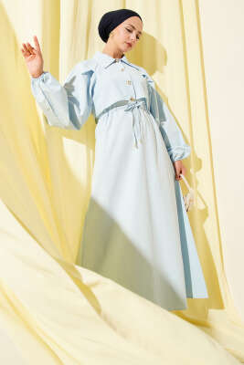 Pazarium - Simetrik Yarım Düğmeli Elbise Mavi