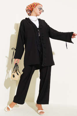 Pazarium - Yaka Fırfır Detaylı İkili Takım Siyah