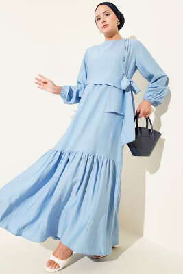 Pazarium - Kuş Gözü Detaylı Bağlamalı Elbise Mavi