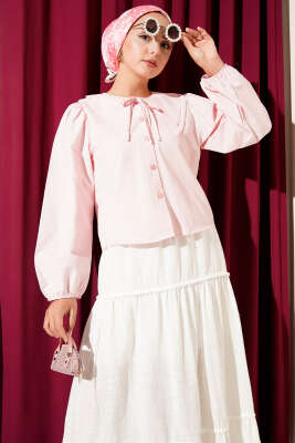 Pazarium - Bebe Yaka Fiyonklu Kısa Gömlek Pembe