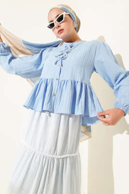 Pazarium - Kurdeleli Fırfır Detaylı Gömlek Mavi