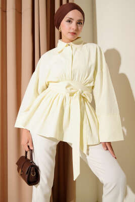 Pazarium - Kuşak Büzgülü Yarım Düğmeli Tunik Sarı