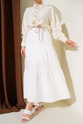 Garnili İp Kuşaklı Etek Ekru - Thumbnail