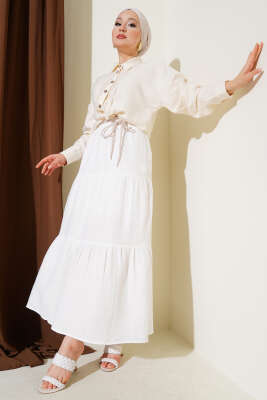 Garnili İp Kuşaklı Etek Ekru - Thumbnail