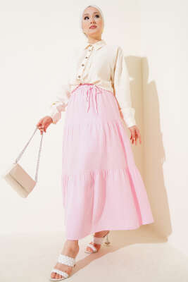 Garnili İp Kuşaklı Etek Pembe - Thumbnail