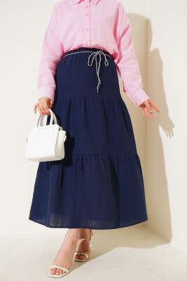 Pazarium - Garnili İp Kuşaklı Etek Lacivert